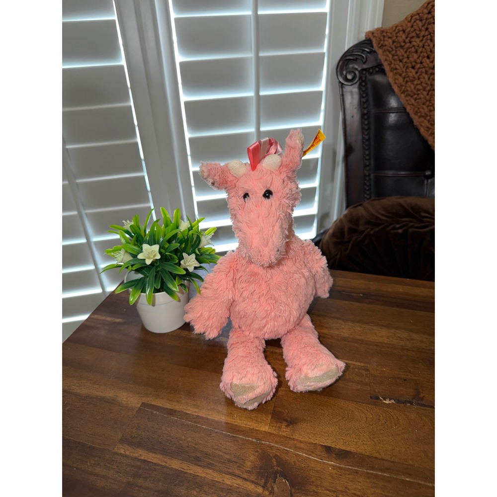 Steiff Pink Plush Unicorn Ribbon Mane Button in Ear Stuffed Animal 12‎ inch